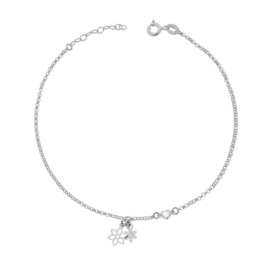Cavigliera in argento con due piccoli ciondoli a fiore.