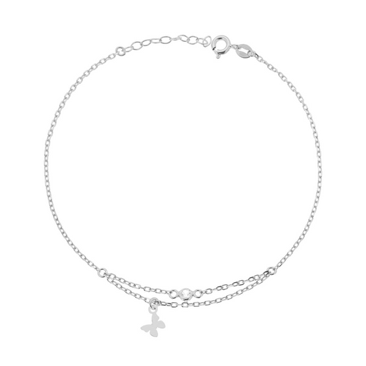 Bracciale a catena d'argento con ciondolo a farfalla e due piccole pietre, su sfondo bianco.