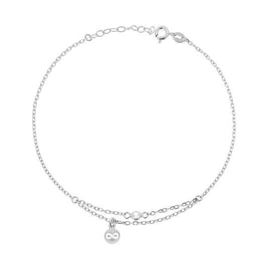 Bracciale a catena d'argento con due file, ciondolo a infinito e zirconi.