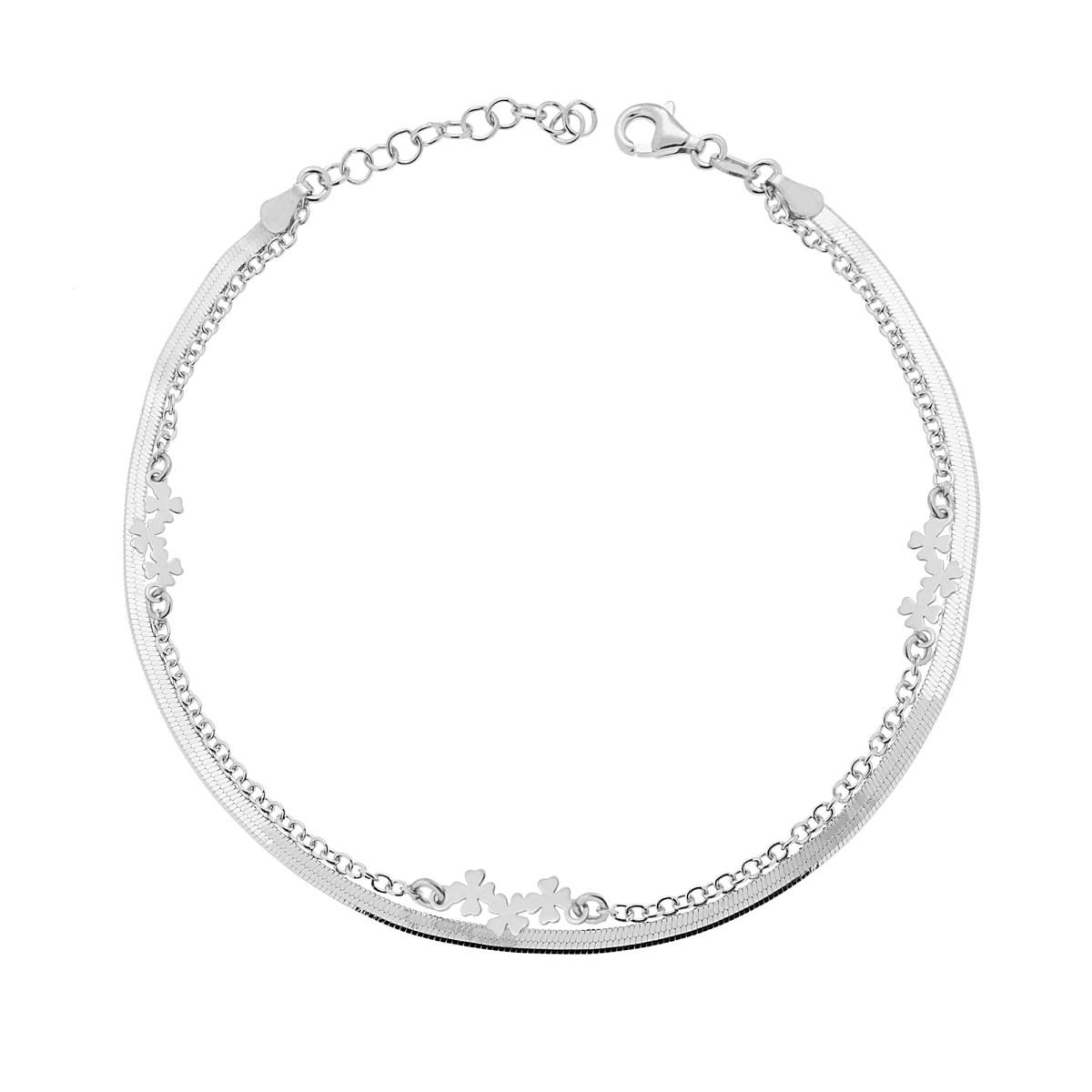 Bracciale a catena a strati in argento, con quattro trifogli decorativi.