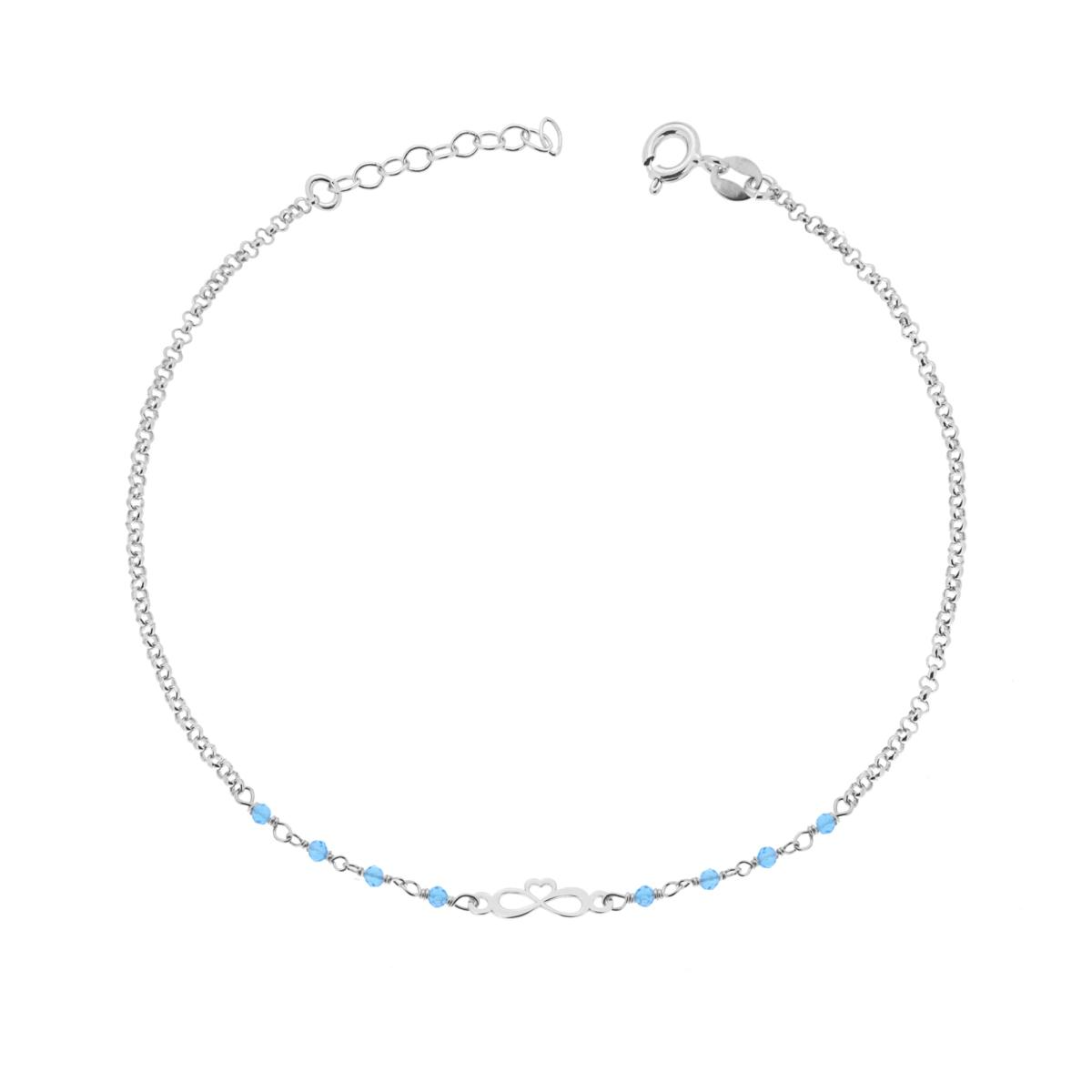 Braccialetto in argento con simbolo dell'infinito e perline azzurre.
