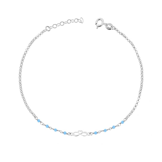 Braccialetto in argento con simbolo dell'infinito e perline azzurre.