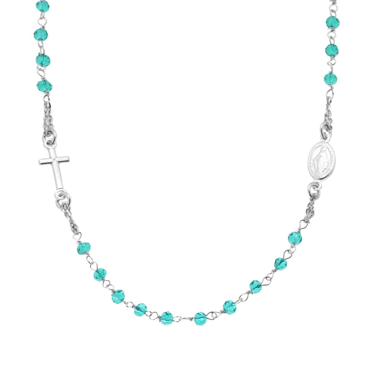 Collana rosario in argento con perline color acquamarina, croce e medaglia della Madonna.