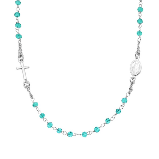 Collana rosario in argento con perline color acquamarina, croce e medaglia della Madonna.