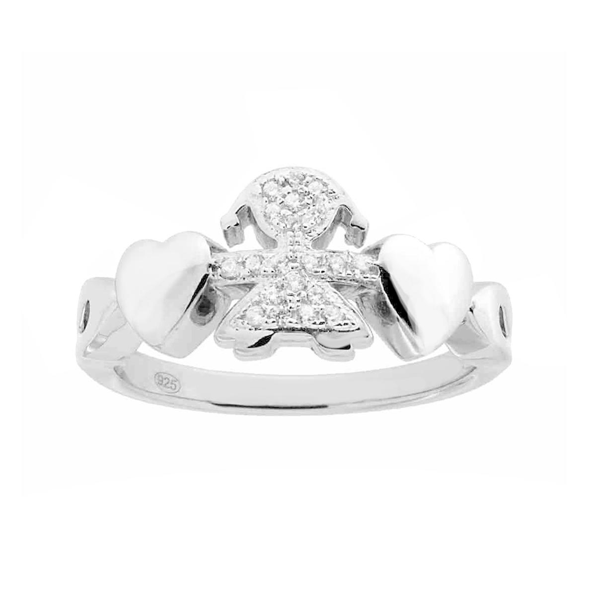 Anello in argento 925 con ragazza al centro e due cuori ai lati. La ragazza è decorata con zirconi bianchi.