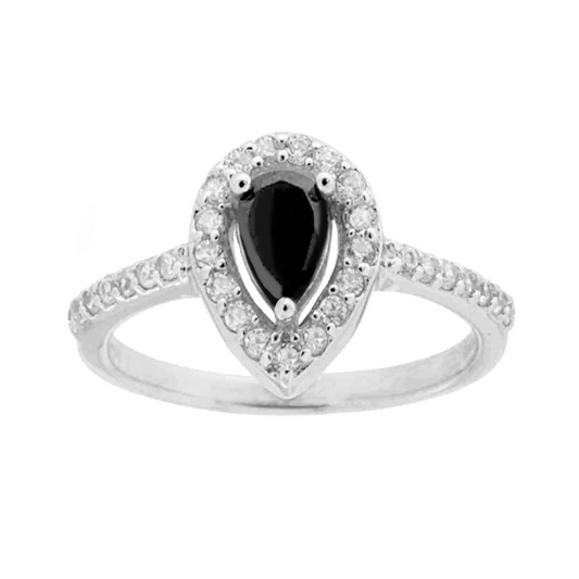 Anello in oro bianco con diamante nero a goccia e pavé di diamanti bianchi.