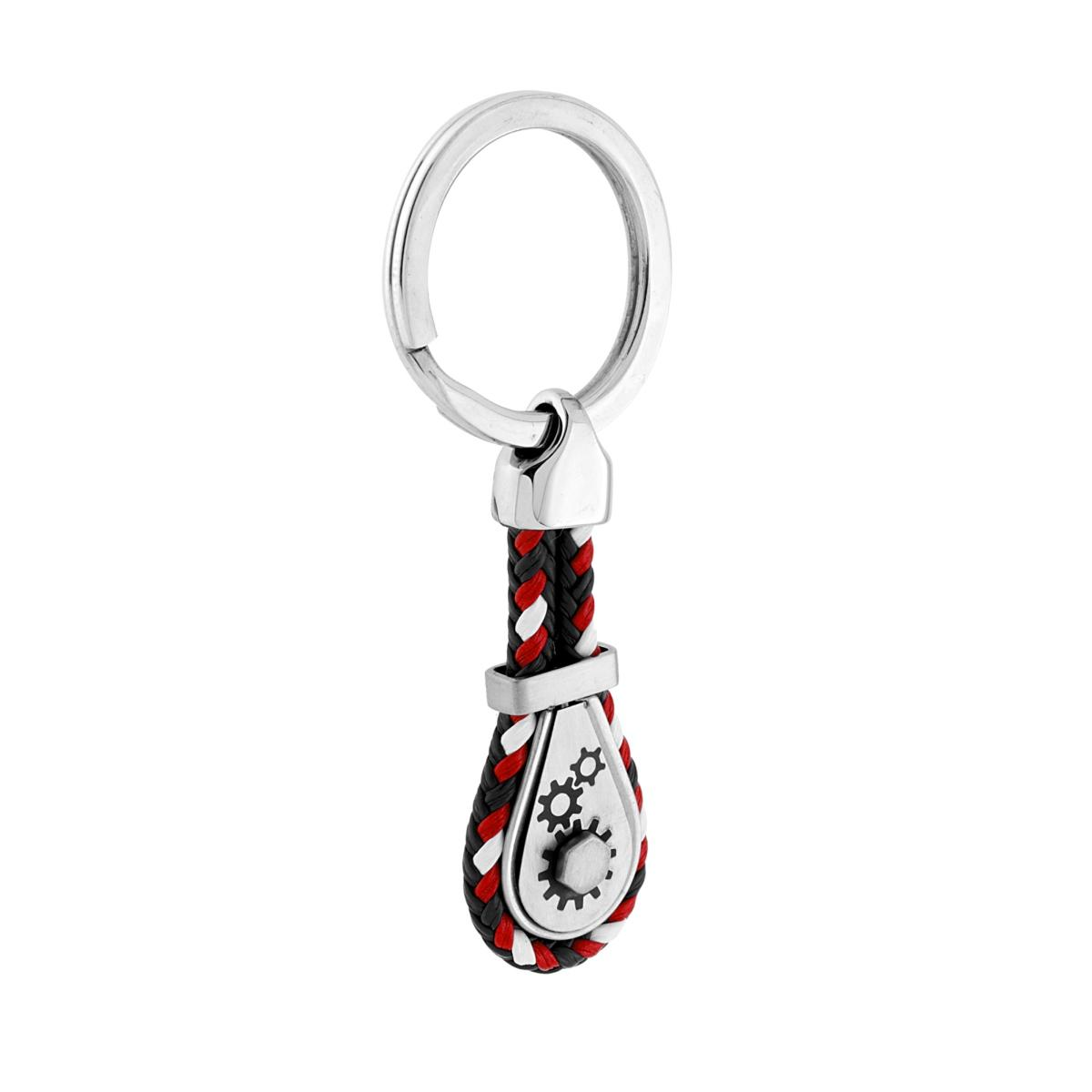 Portachiavi con anello in metallo, cordino intrecciato nero, bianco e rosso, e un ciondolo a forma di ingranaggi.