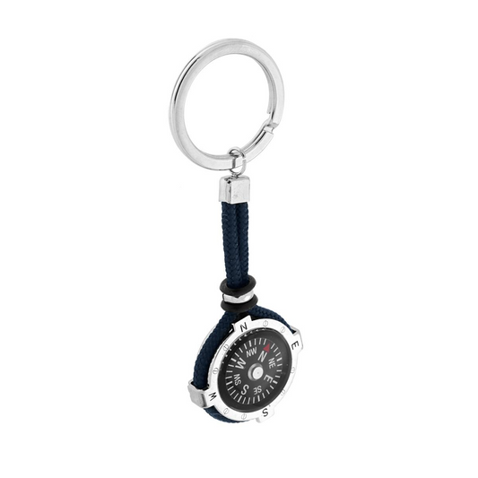 Portachiavi con bussola e cordino blu, anello in metallo lucido.