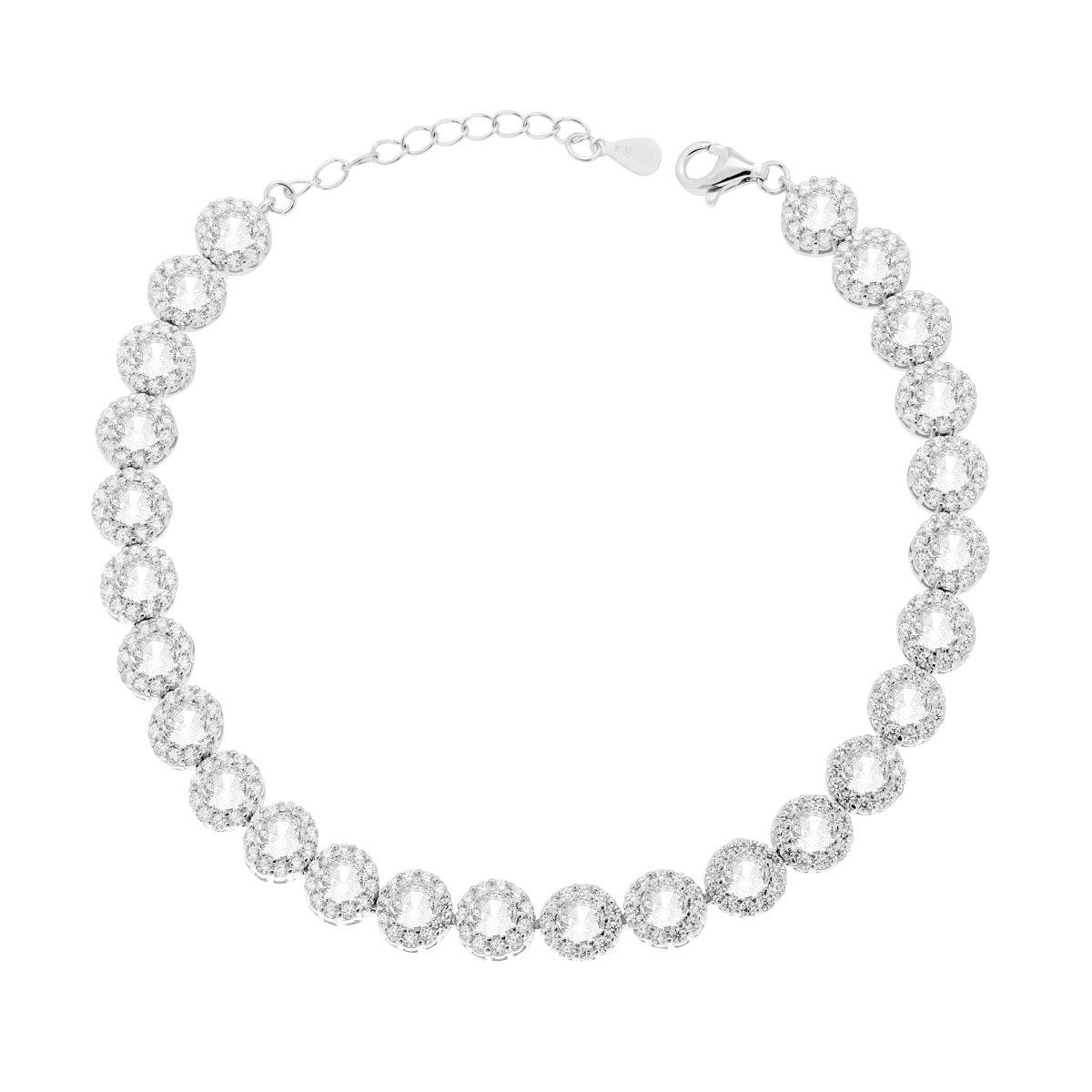 Bracciale in argento con una fila di pietre scintillanti a forma di cerchio.