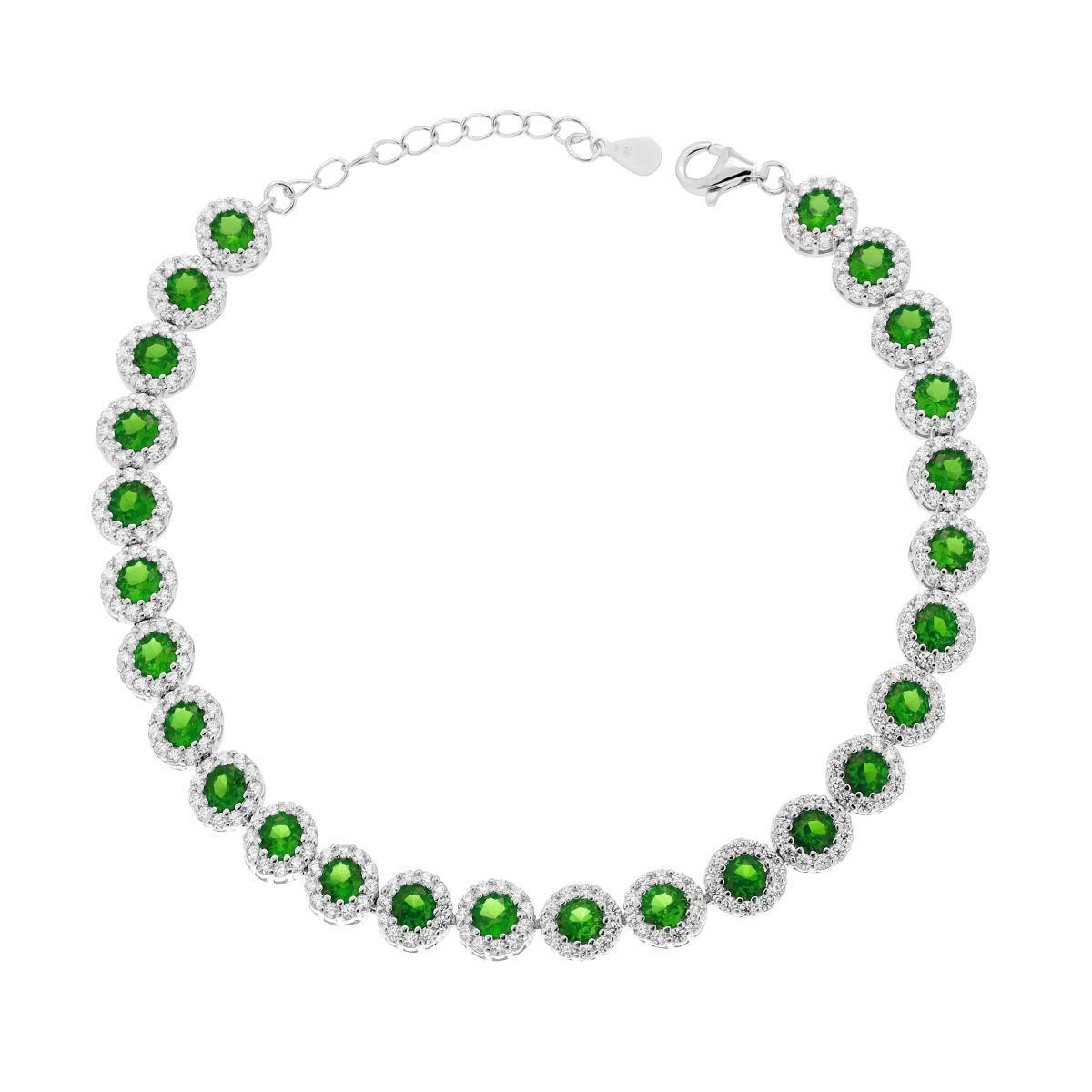 Bracciale tennis in argento con zirconi verdi circondati da piccoli cristalli.