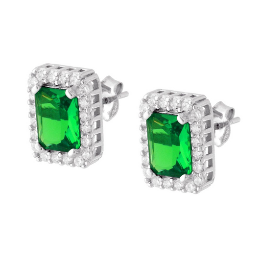 Orecchini in argento con smeraldo rettangolare e zirconi.