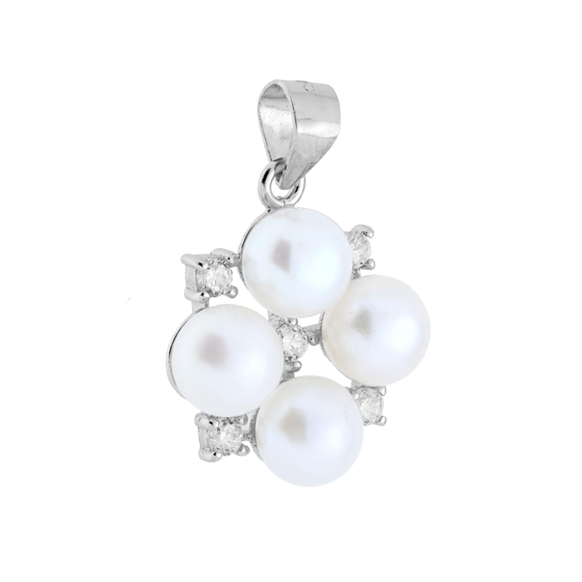 Ciondolo in argento con quattro perle bianche e piccoli zirconi.