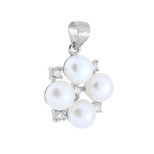 Ciondolo in argento con quattro perle bianche e piccoli zirconi.