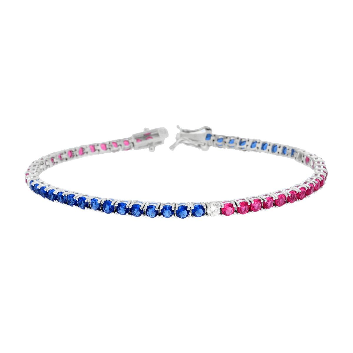 Bracciale tennis bicolore in argento con zaffiri blu e rubini rosa, impreziosito da un diamante al centro.