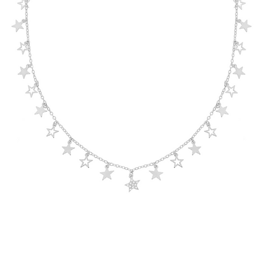 Collana d'argento con piccole stelle cadenti, una delle quali è decorata con zirconi.