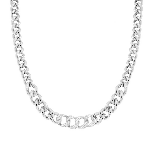 Collana a maglie cubane in argento con tre anelli centrali tempestati di zirconi.