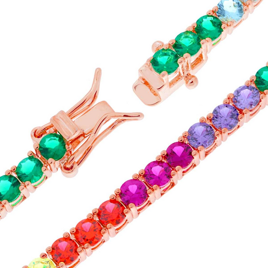 Braccialetto a tennis con pietre colorate incastonate in oro rosa, con chiusura a moschettone.