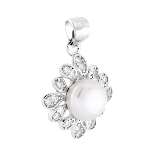 Ciondolo a forma di fiore in argento con perla e zirconi.