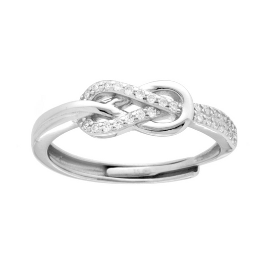 Anello regolabile in argento con nodo d'amore e zirconi.