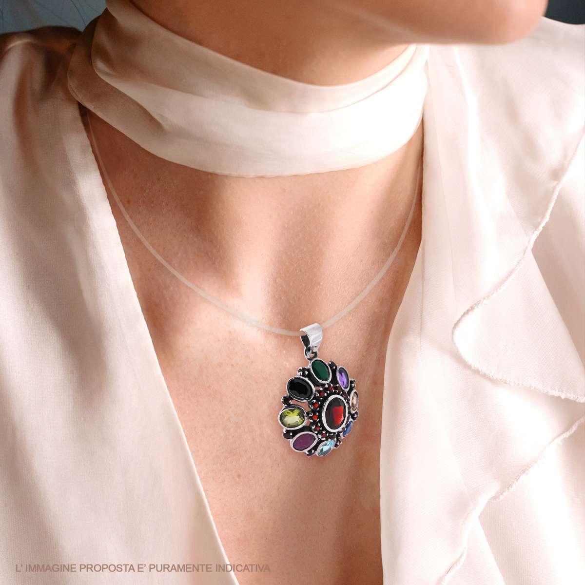 Ciondolo Etnico Fiore Ovale con Pietre Naturali Multicolor, Argento s925