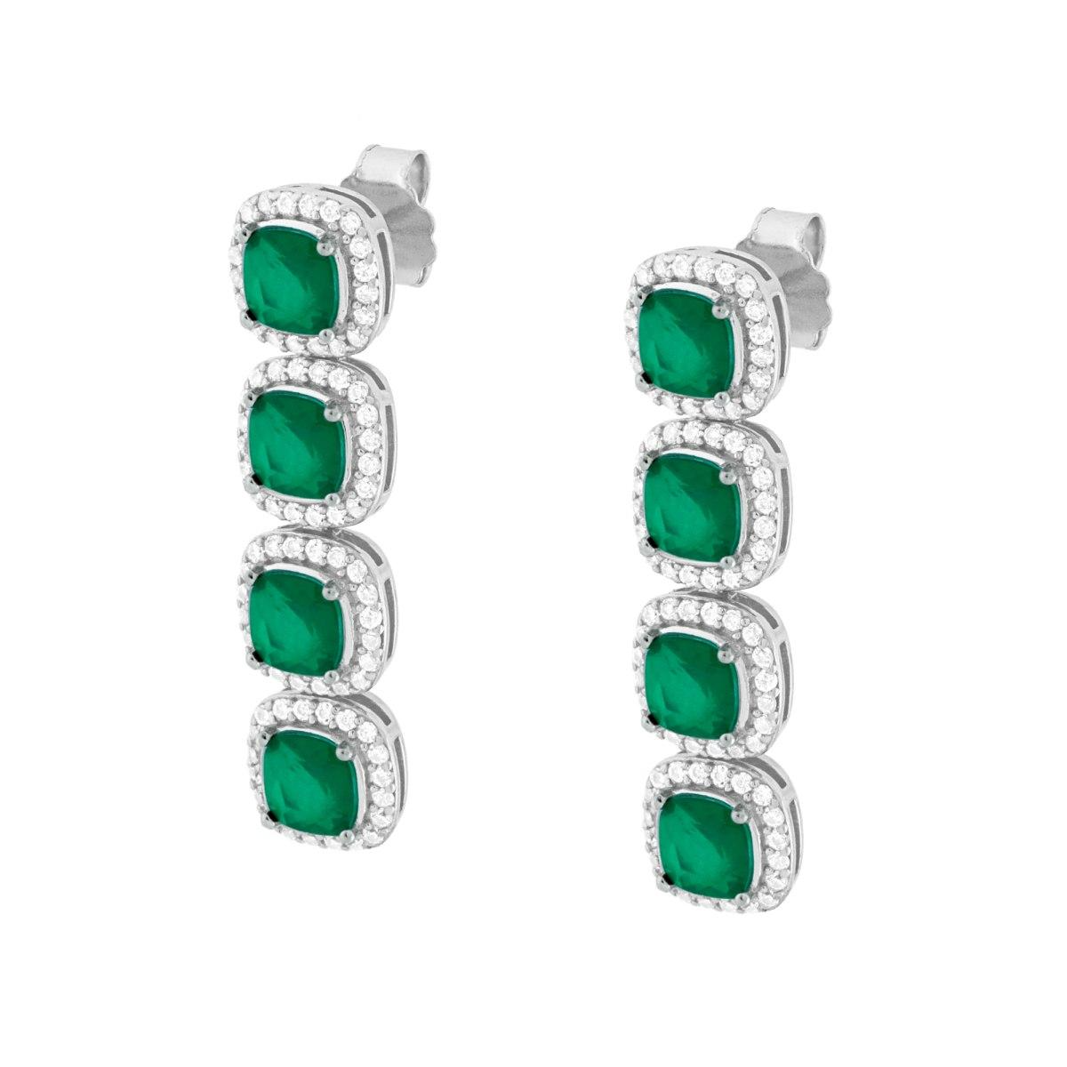 Orecchini Quadrati pendenti con Pietre di Smeraldo grazzo contornate, in Argento S925