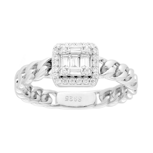 Anello in argento a catena con gemma quadrata di diamanti baguette e rotondi.