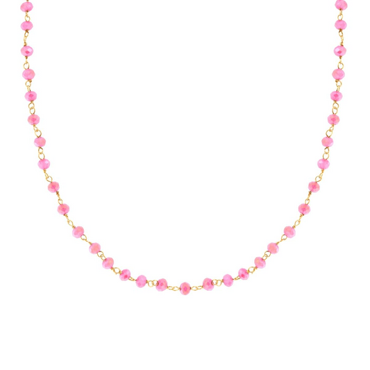 Collana girocollo da donna in oro con piccole perle rosa, perfetta per un look elegante e delicato.