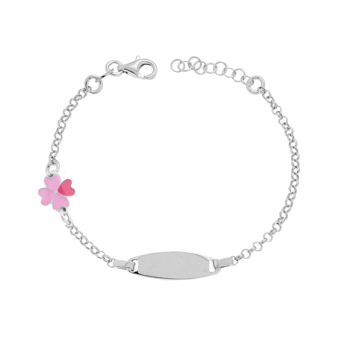 Braccialetto per bambina in argento con placca personalizzabile e quadrifoglio smaltato rosa e fucsia.