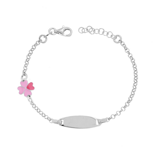 Braccialetto per bambina in argento con placca personalizzabile e quadrifoglio smaltato rosa e fucsia.