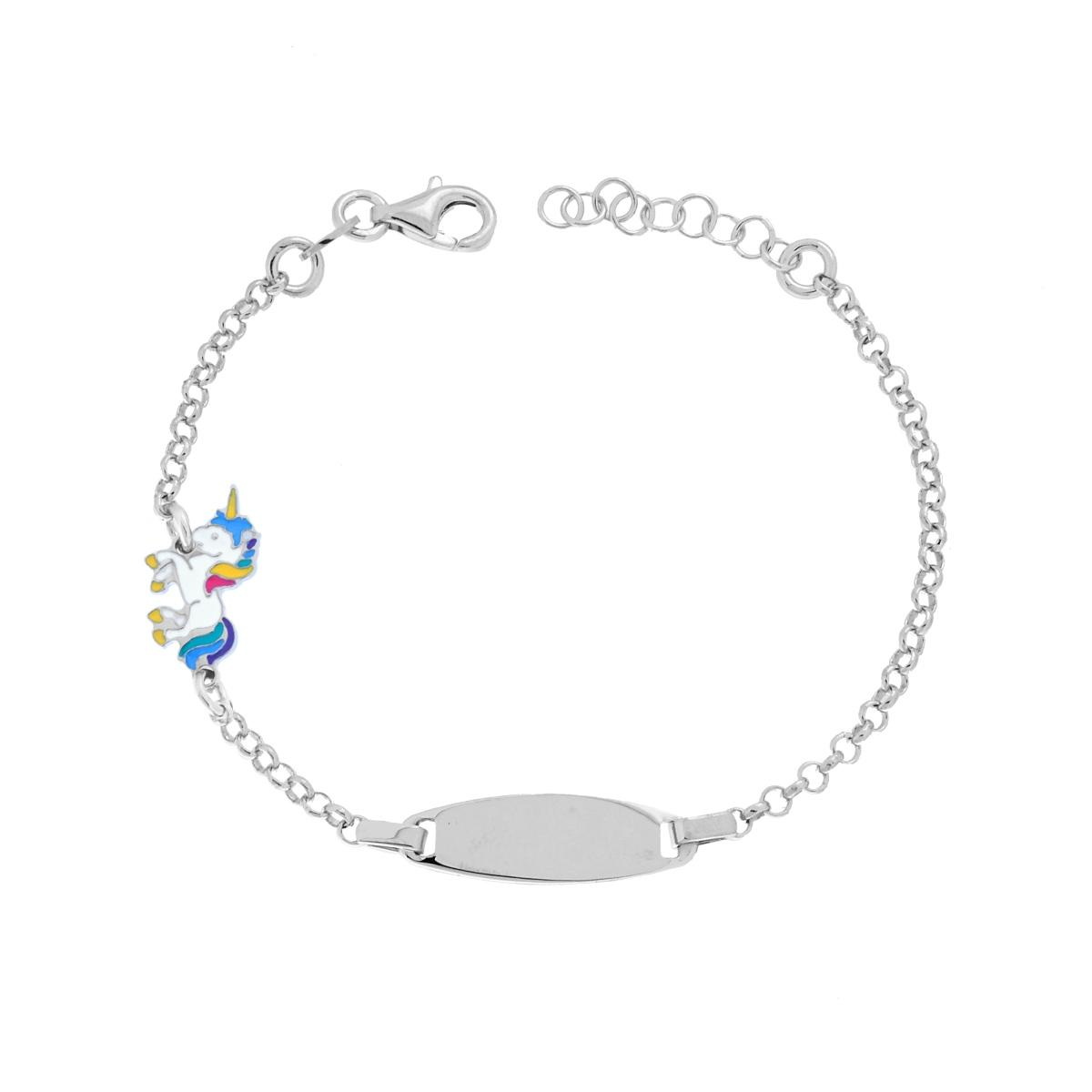 Braccialetto per bambini in argento con unicorno smaltato e placca personalizzabile.