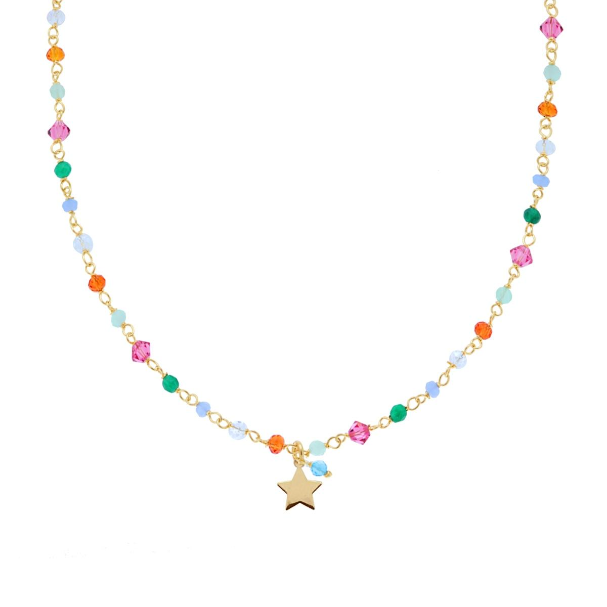Collana in oro con catena sottile e perline colorate, pendente a stella.