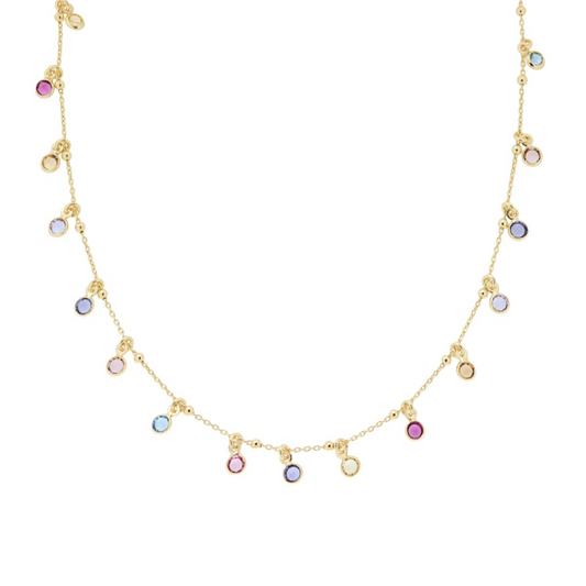 Collana in oro con ciondoli a cerchio multicolori.