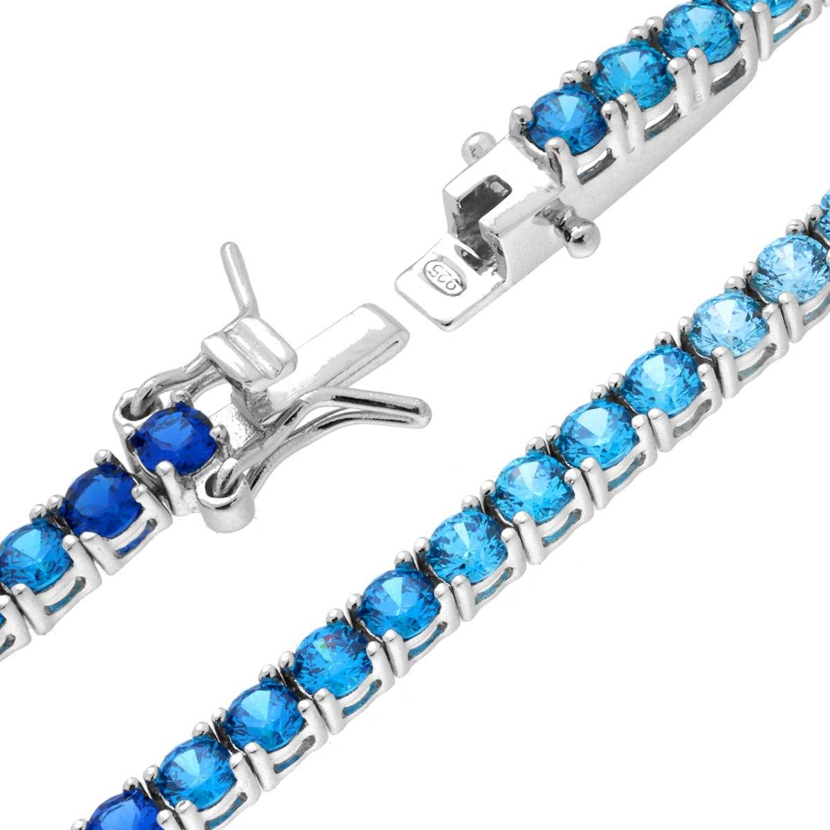 Bracciale in argento con chiusura e pietre blu e azzurre.