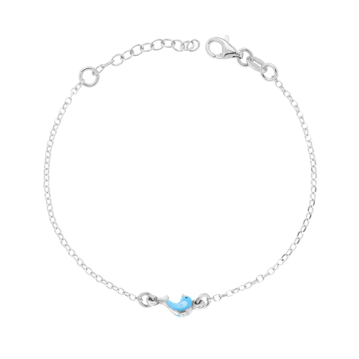 Braccialetto a catena in argento con ciondolo a forma di uccellino azzurro, con chiusura a moschettone.
