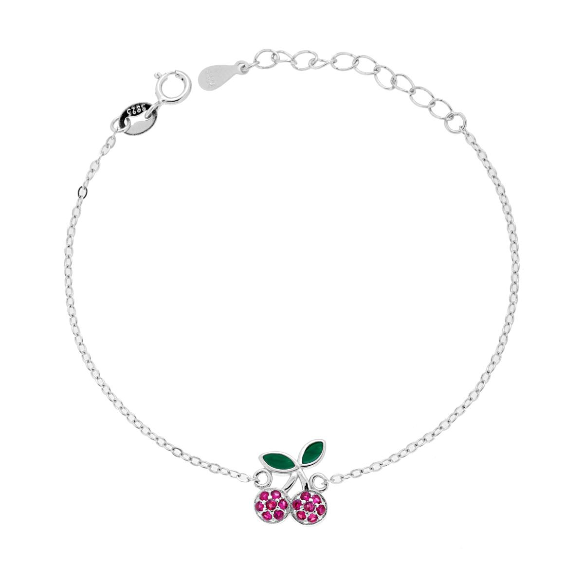 Braccialetto a catena in argento con ciondolo a forma di ciliegie con foglie verdi e frutti in zirconi rosa.