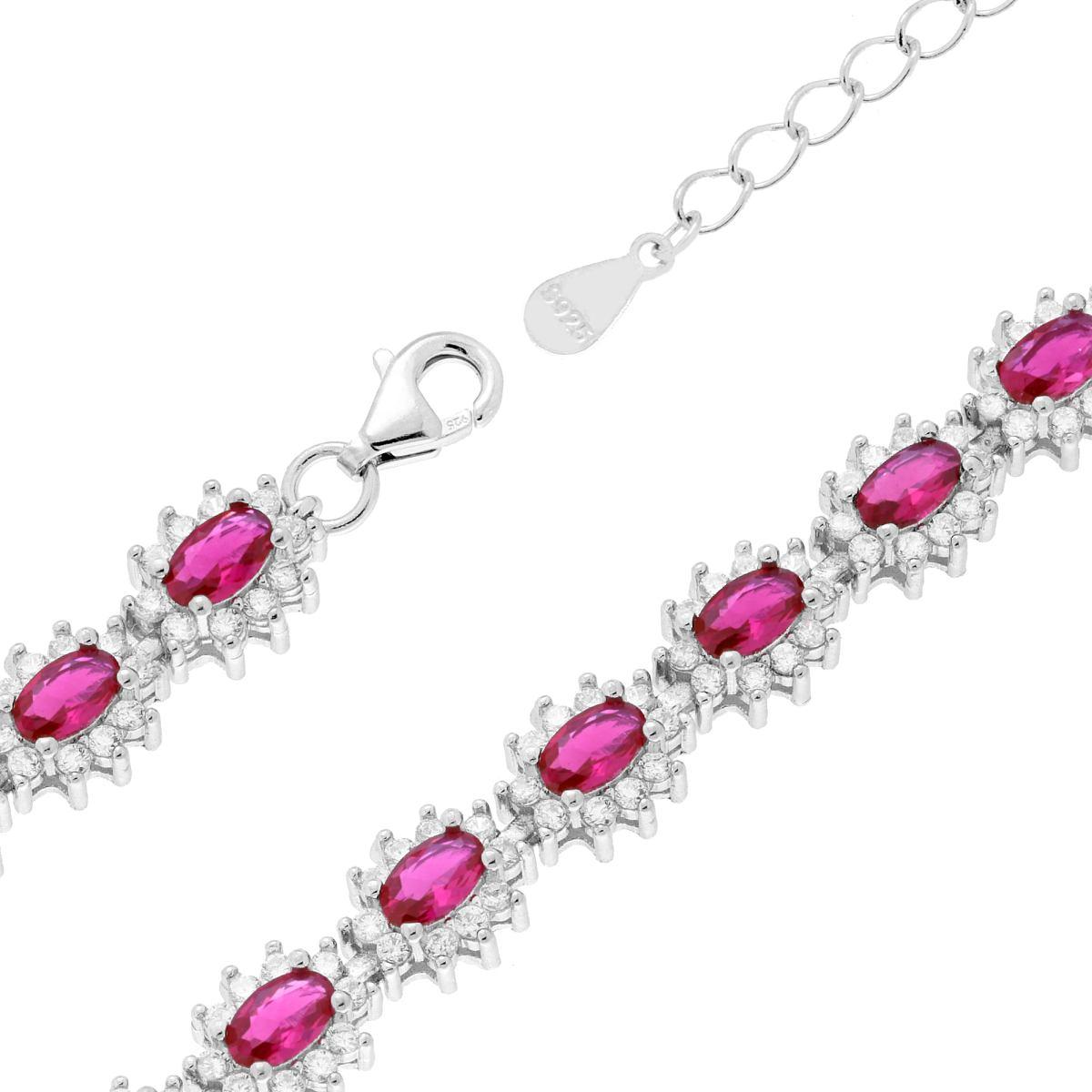 Bracciale in argento 925 con zirconi rossi e bianchi, chiusura a moschettone e catena di estensione.