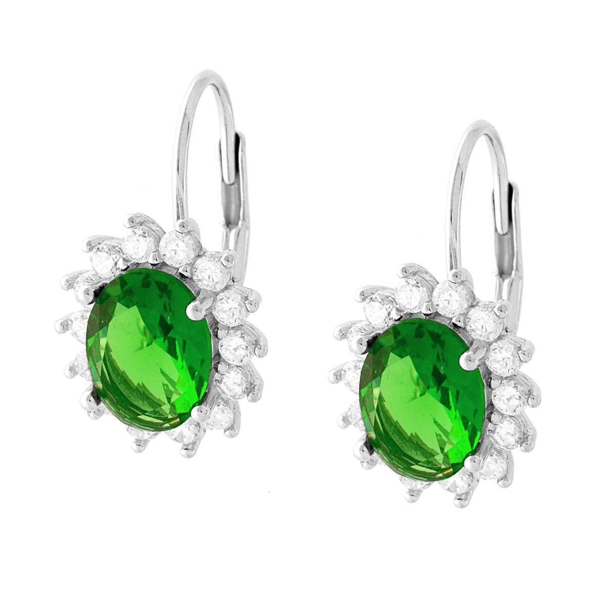 Orecchini in oro bianco con zaffiro verde ovale centrale e diamanti a contorno.