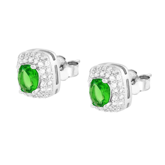 Orecchini in argento con zirconi bianchi e pietra ovale verde centrale.