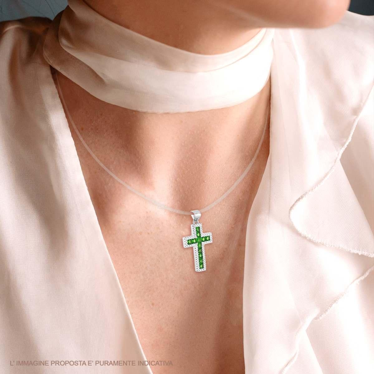 Ciondolo Croce con Cubic Zirconia Carre Verde Smeraldo – in Argento 925