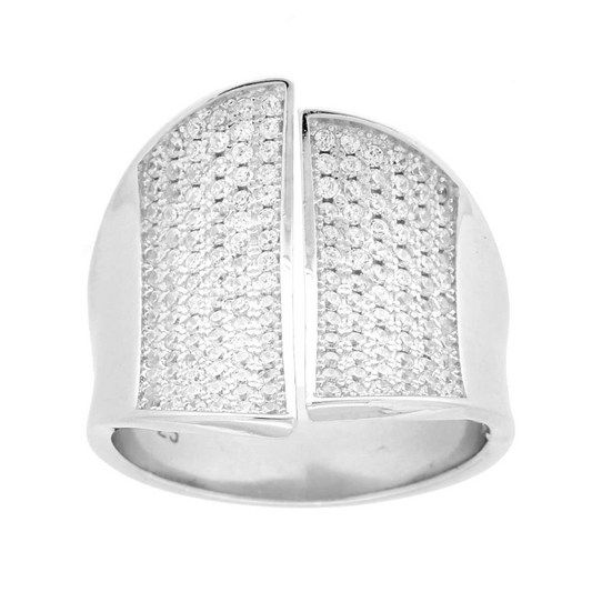 Anello in argento a fascia con pavé di zirconi, diviso in due verticalmente.
