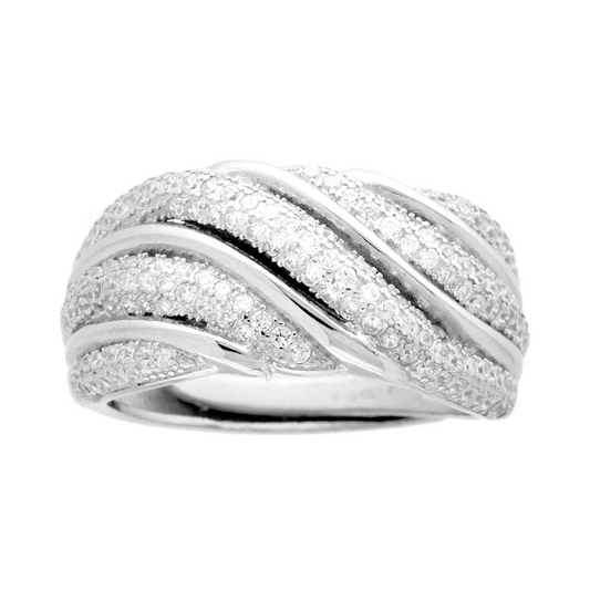 Anello d'argento con fasce intrecciate incrostate di diamanti scintillanti.