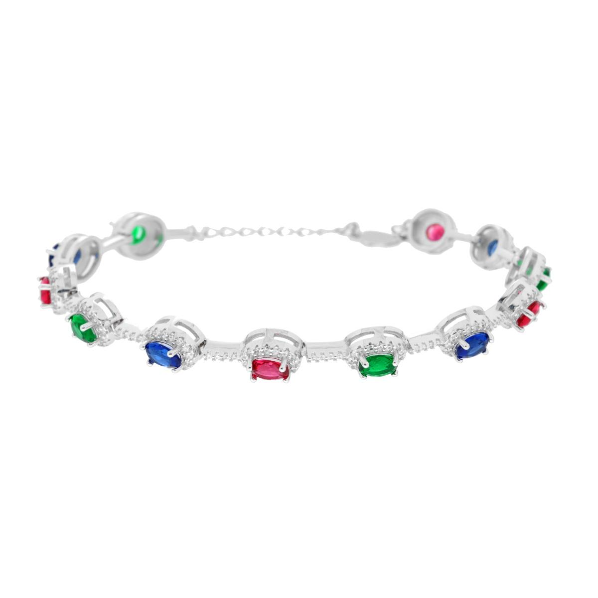 Bracciale in argento con pietre preziose quadrate colorate alternate (blu, rosse, verdi).