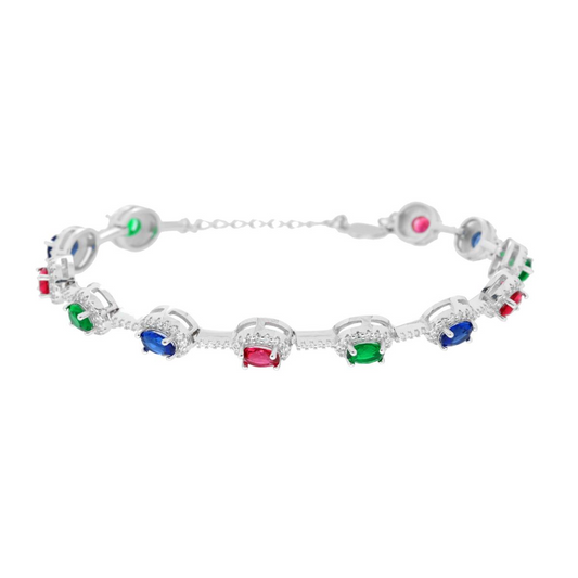 Bracciale in argento con pietre preziose quadrate colorate alternate (blu, rosse, verdi).