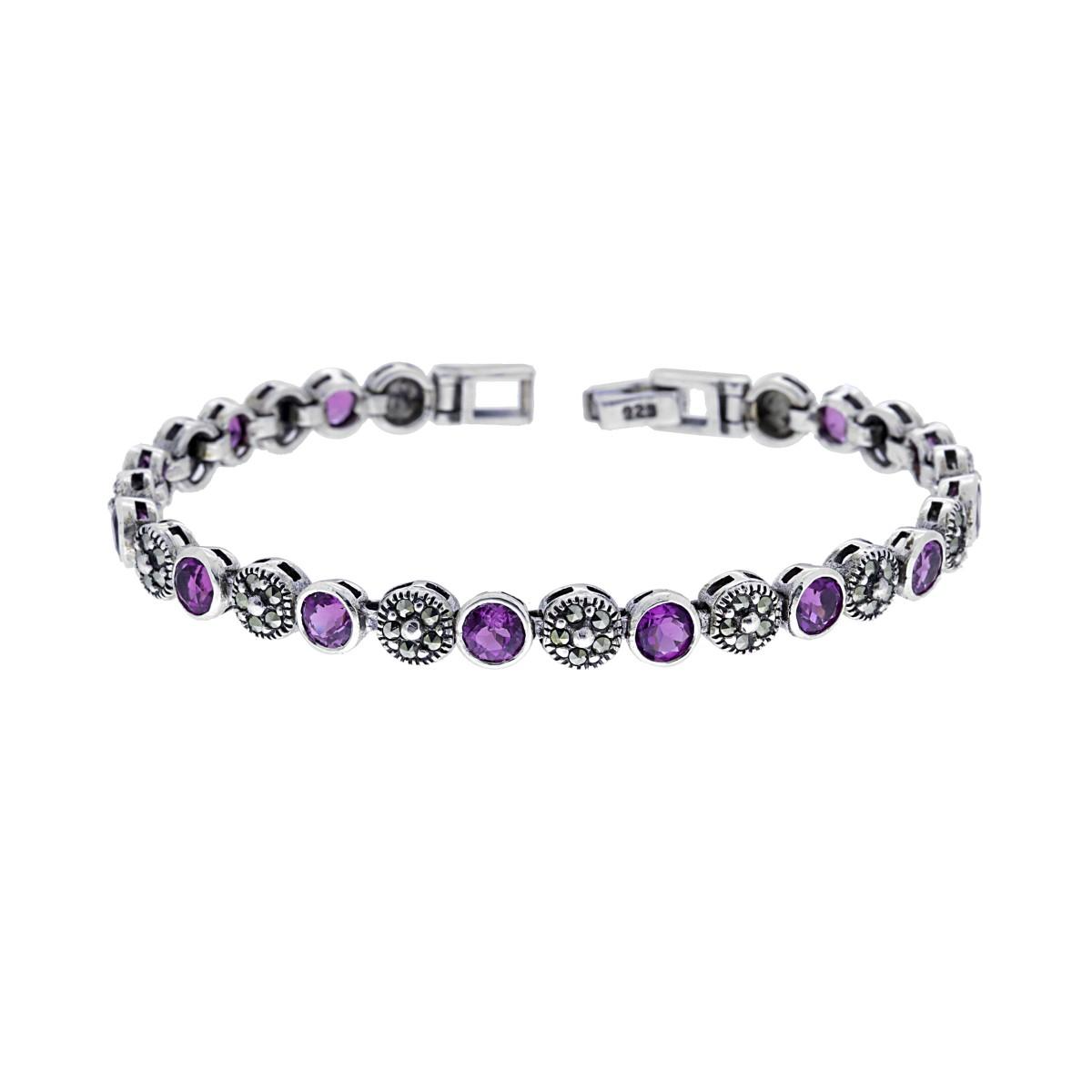 Bracciale in argento con ametiste rotonde e marcassite.