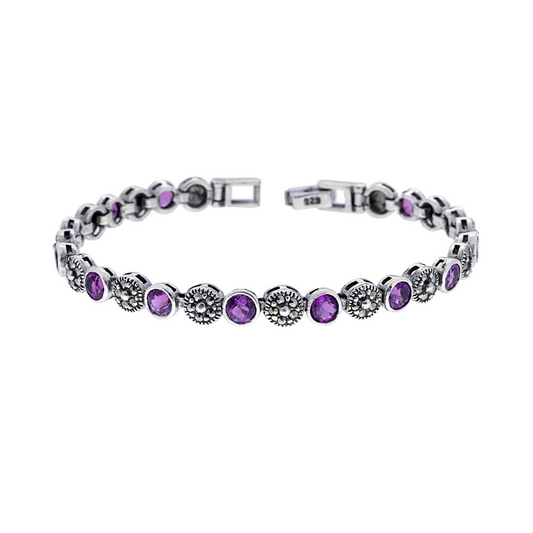 Bracciale in argento con ametiste rotonde e marcassite.