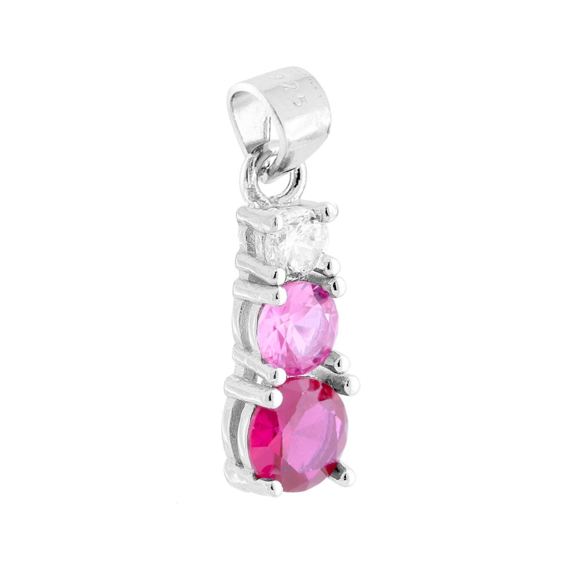 Ciondolo in argento con due rubini, rosa e fucsia, e uno zircone bianco.