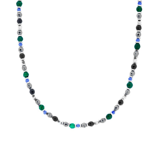 Collana da uomo con perle di ematite, agata verde e perle sfaccettate in agata nera e sodalite.