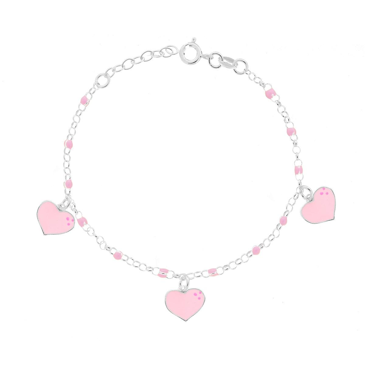 Braccialetto in argento con tre ciondoli a cuore rosa e perline rosa.