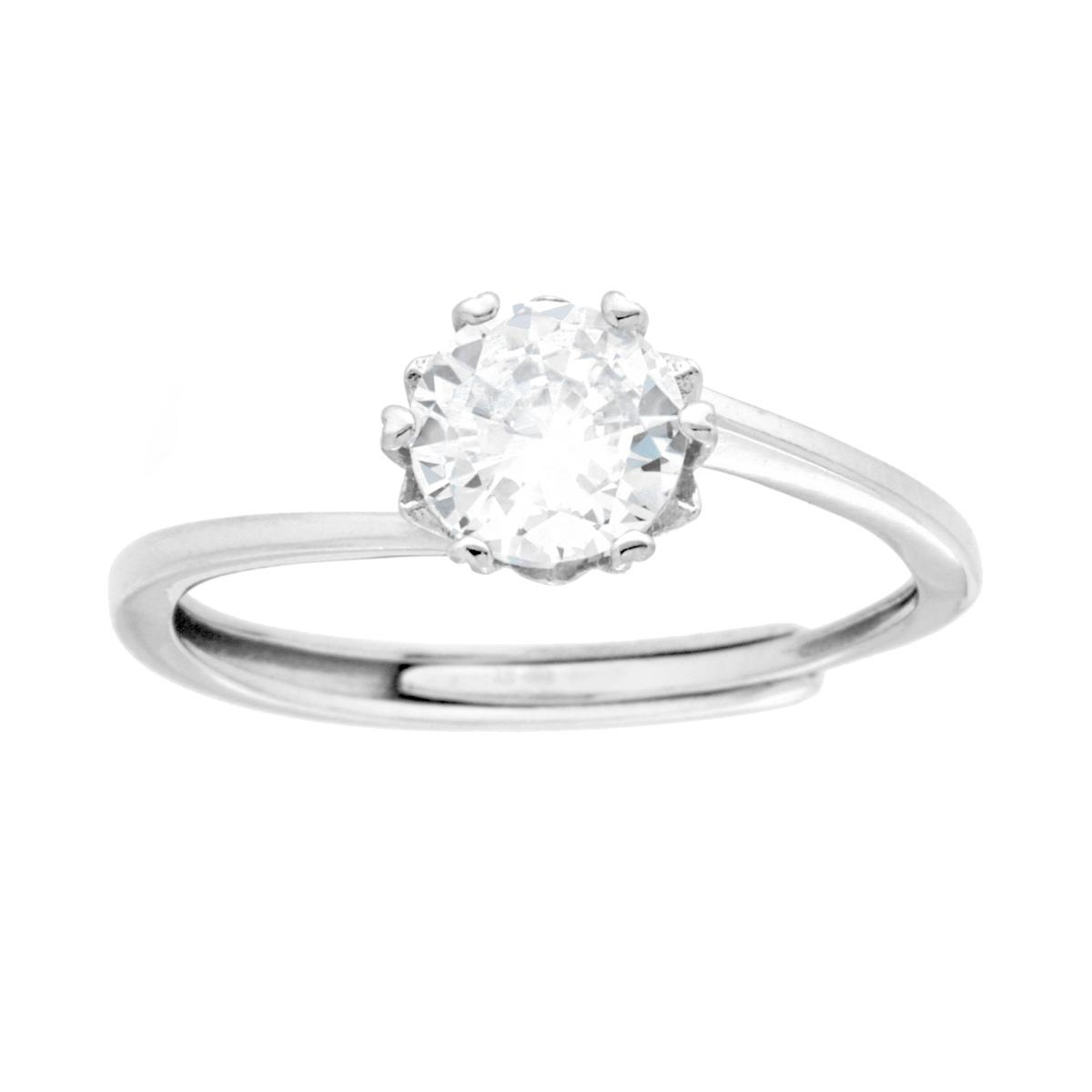 Anello solitario in argento con grande zircone, montatura a 6 griffe su fascia semplice.