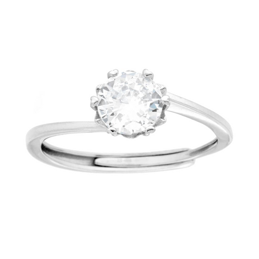 Anello solitario in argento con grande zircone, montatura a 6 griffe su fascia semplice.